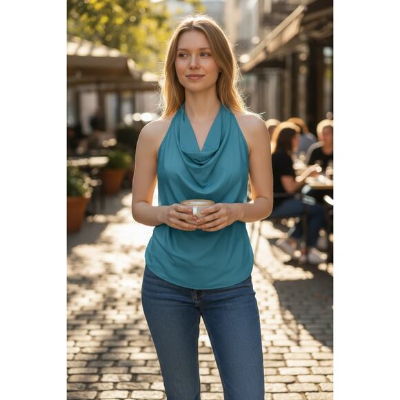 RAMY BROOK Top NEW Size XS Harriet Silk Halter Tank Top Convertible Blue - Picture 1 of 6